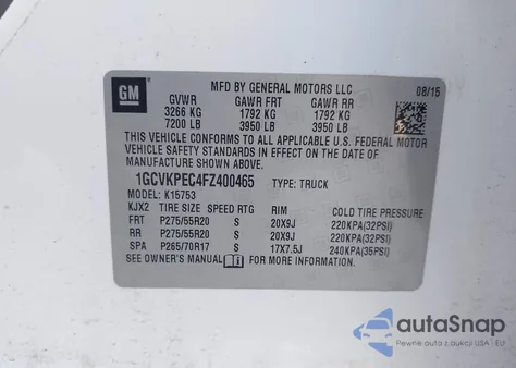 2015 Chevrolet Silverado 1500 Ls z USA, uszkodzony, nr VIN 1GCVKPEC4FZ400465